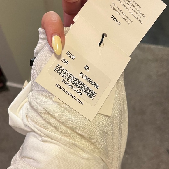 MISHA Pauline Asymmetrical Ruched High-Slit Gown WHITE Size Large NWT - Picture 5 of 5